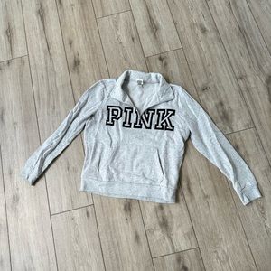 NWT Victoria’s Secret PINK Hoodie GRAY 1/4 Zip Medium Everyday Classic Logo